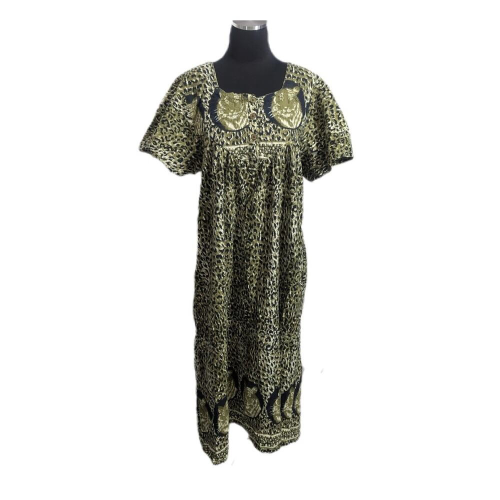 Vintage Olive & Black Wild Cat Midi Dress Large Cotton Pockets Retro House View 3